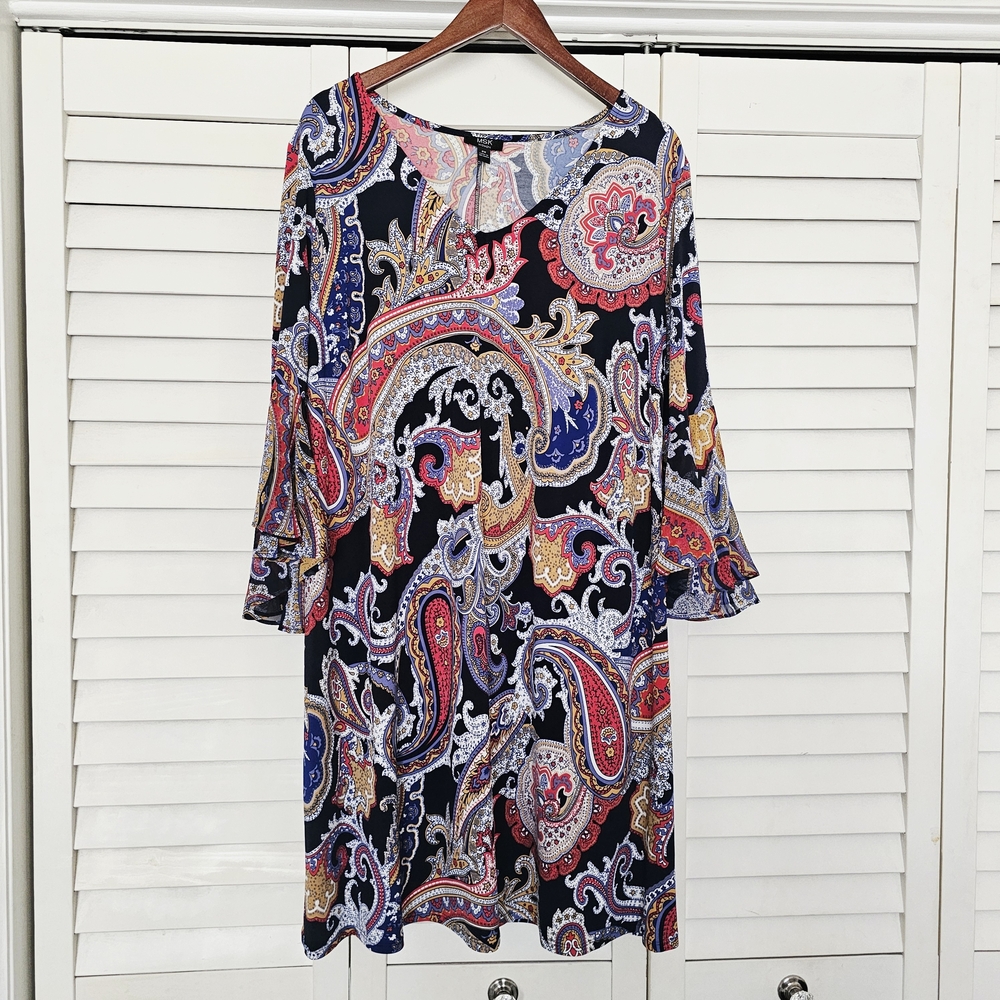 MSK Women Paisley Dress Size 2X V Necline Shift Style 3/4 Bell Sleeves